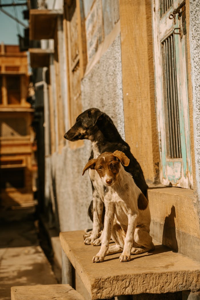 Two stray dogs sitting in a sunlit alley in India, showcasing urban life.